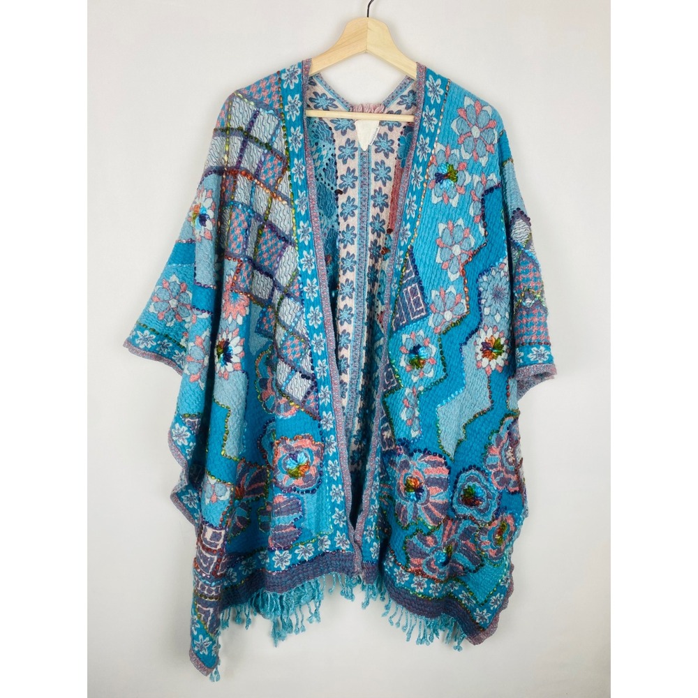 Regina‎ Donde Blue Floral Embroidered Beaded Fringe Poncho Wrap One Size